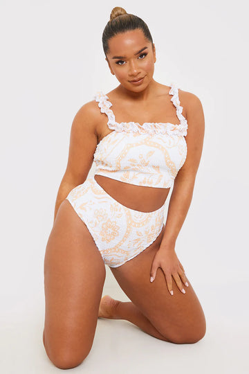 Scarf Print Shirred High Waisted Bikini Bottom